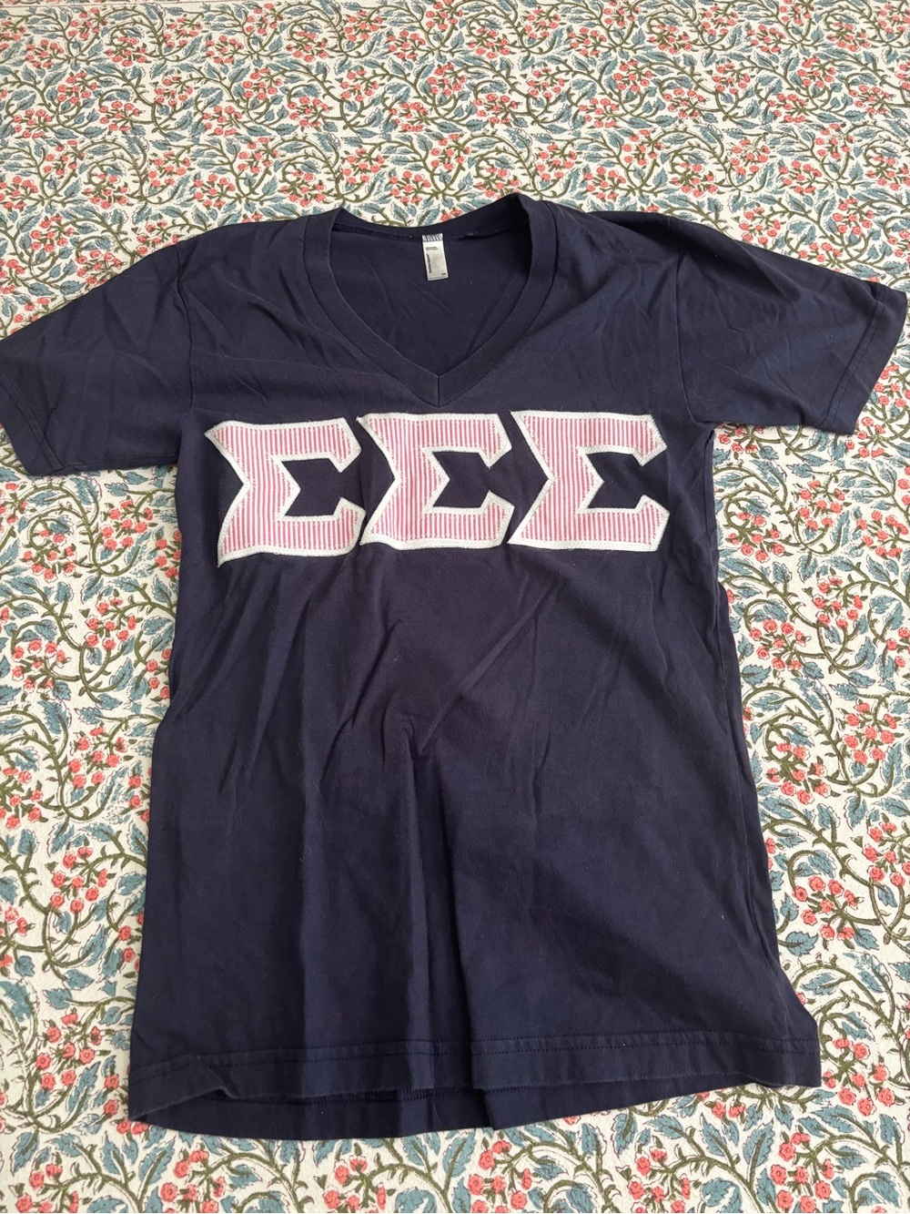 Tri Sigma American Apparel Navy V-Neck T-Shirt with Pink and White Seersucker